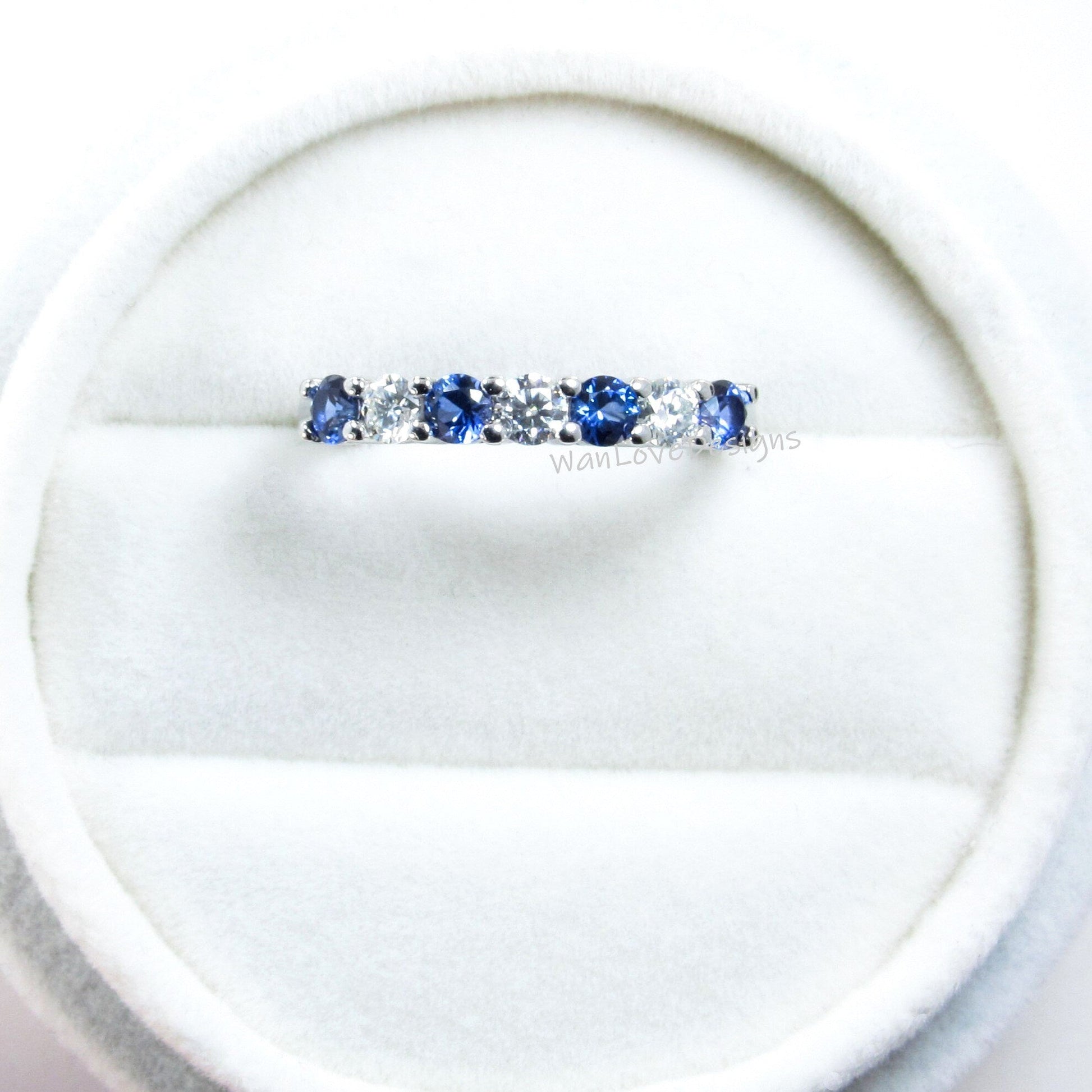 Blue Sapphire & Diamonds Wedding Band, 7 Gem Stone Moissanite Diamond Wedding Band, Stackable Birthstone Band, Vintage Gold 14k Bridal Band Wan Love Designs