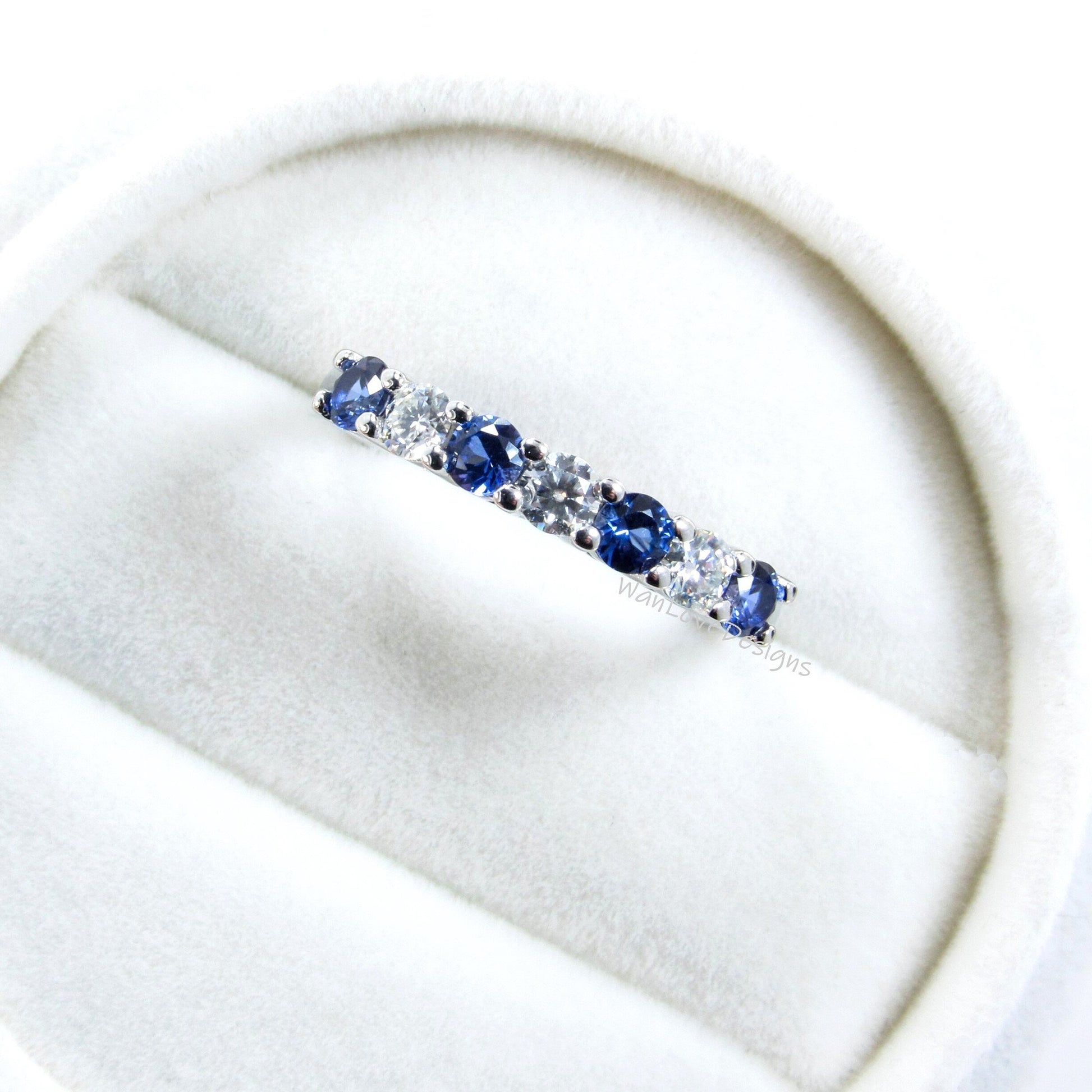 Blue Sapphire & Diamonds Wedding Band, 7 Gem Stone Moissanite Diamond Wedding Band, Stackable Birthstone Band, Vintage Gold 14k Bridal Band Wan Love Designs