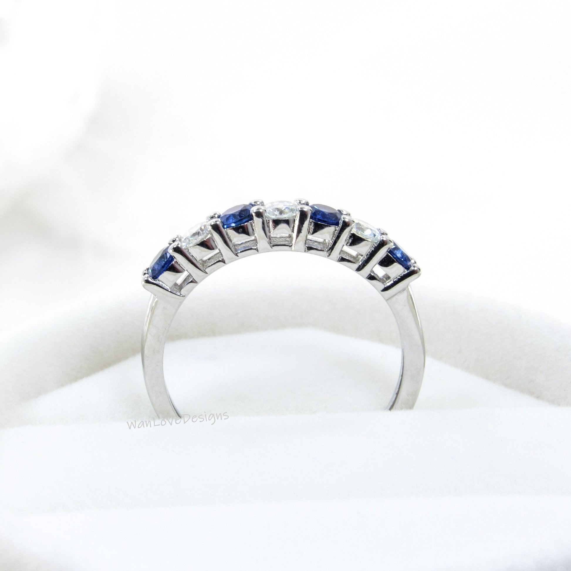 Blue Sapphire & Diamonds Wedding Band, 7 Gem Stone Moissanite Diamond Wedding Band, Stackable Birthstone Band, Vintage Gold 14k Bridal Band Wan Love Designs