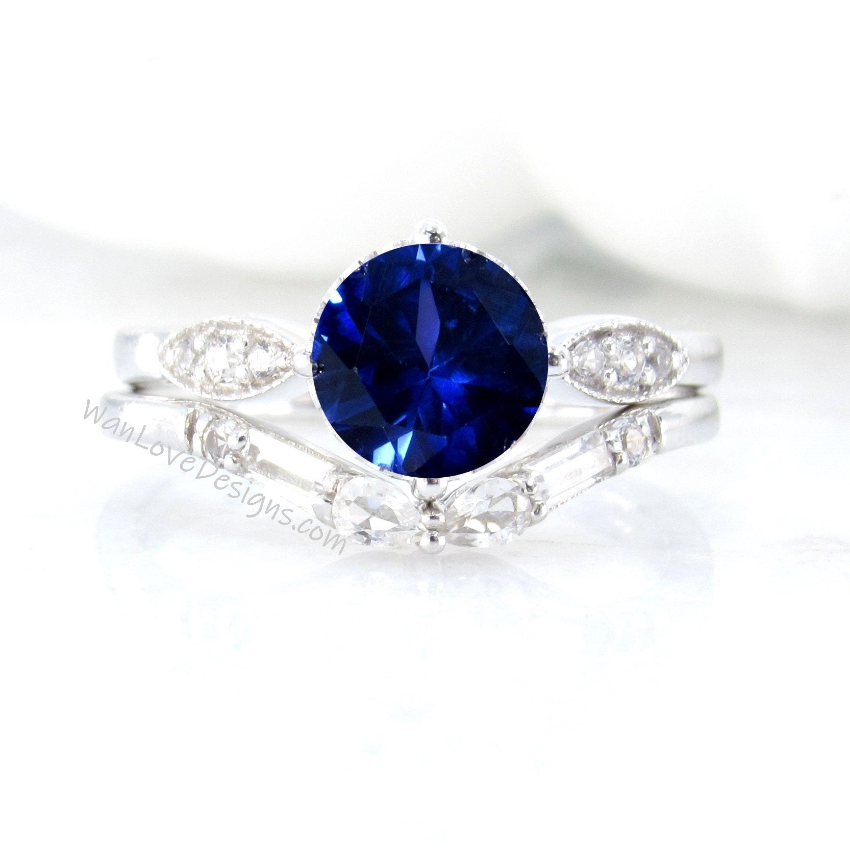 Blue Sapphire Engagement Ring Set | White gold ring Art deco wedding set | Curved baguette pear wedding band bridal set | Anniversary ring Wan Love Designs