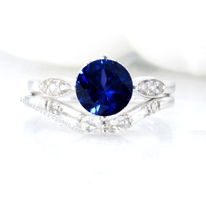 Blue Sapphire Engagement Ring Set | White gold ring Art deco wedding set | Curved baguette pear wedding band bridal set | Anniversary ring Wan Love Designs