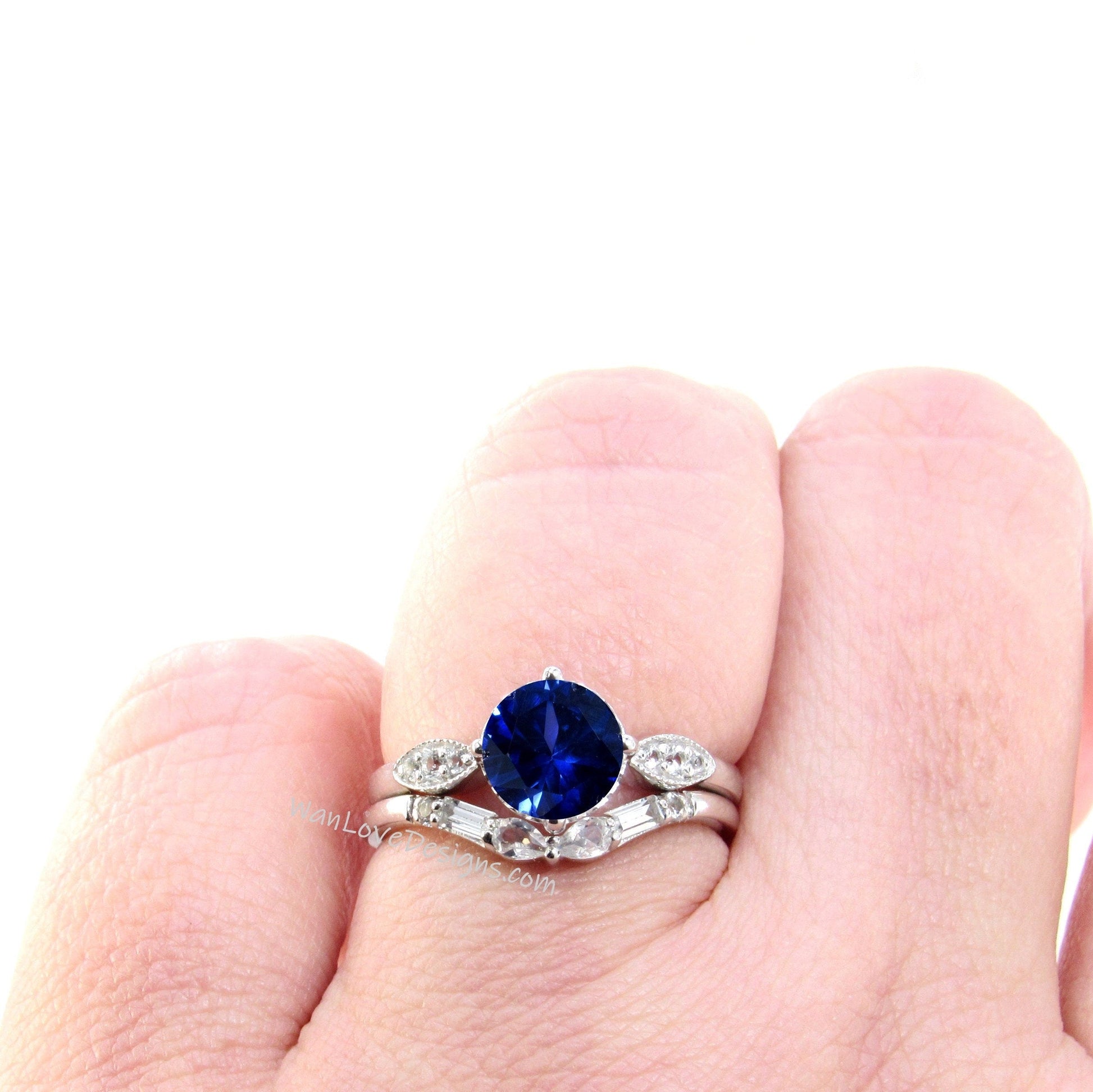 Blue Sapphire Engagement Ring Set | White gold ring Art deco wedding set | Curved baguette pear wedding band bridal set | Anniversary ring Wan Love Designs