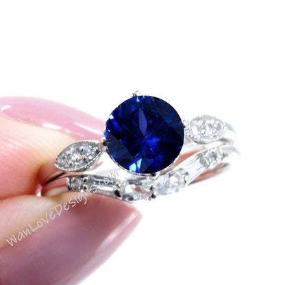 Blue Sapphire Engagement Ring Set | White gold ring Art deco wedding set | Curved baguette pear wedding band bridal set | Anniversary ring Wan Love Designs