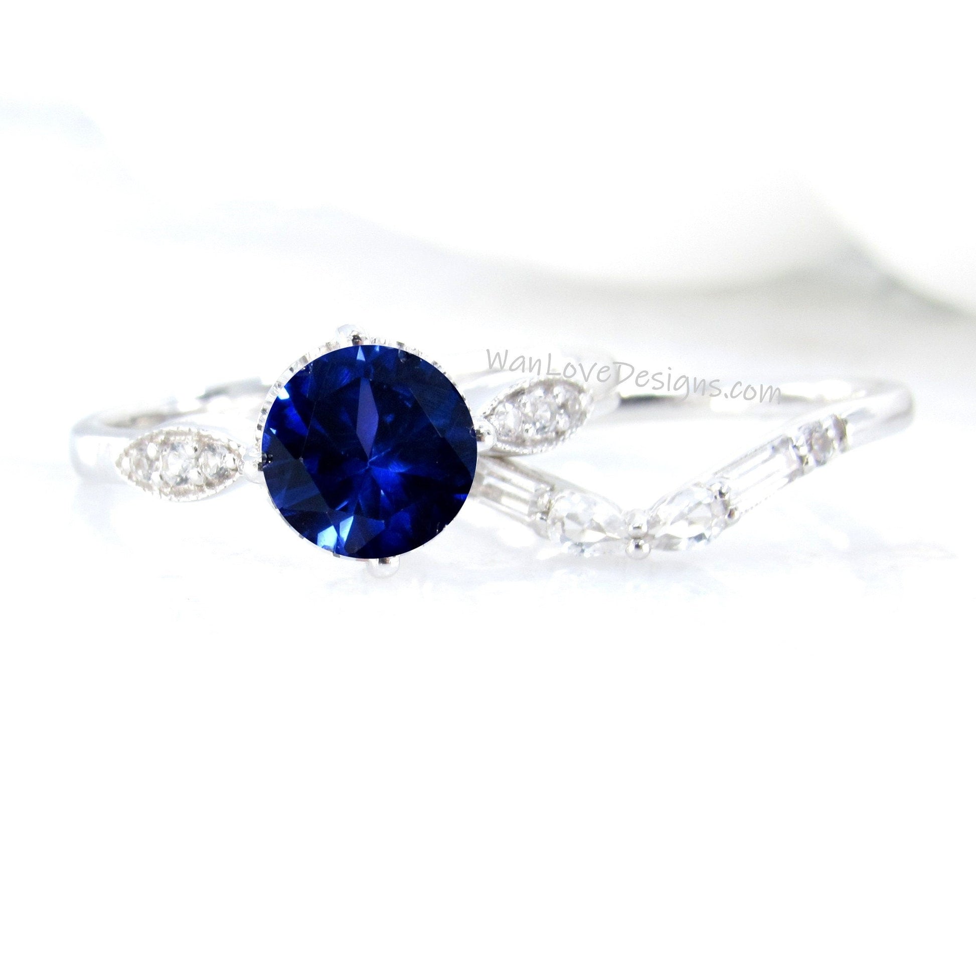 Blue Sapphire Engagement Ring Set | White gold ring Art deco wedding set | Curved baguette pear wedding band bridal set | Anniversary ring Wan Love Designs