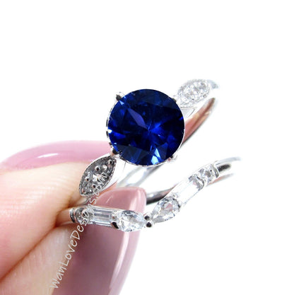 Blue Sapphire Engagement Ring Set | White gold ring Art deco wedding set | Curved baguette pear wedding band bridal set | Anniversary ring Wan Love Designs