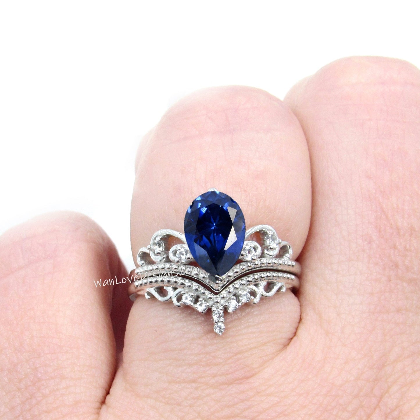 Blue Sapphire Engagement Ring, Vintage Crown Pear Blue Ring, Lab Sapphire Bridal Set, Wedding Set, 14K 18K Gold Platinum, Custom Wan Love Designs