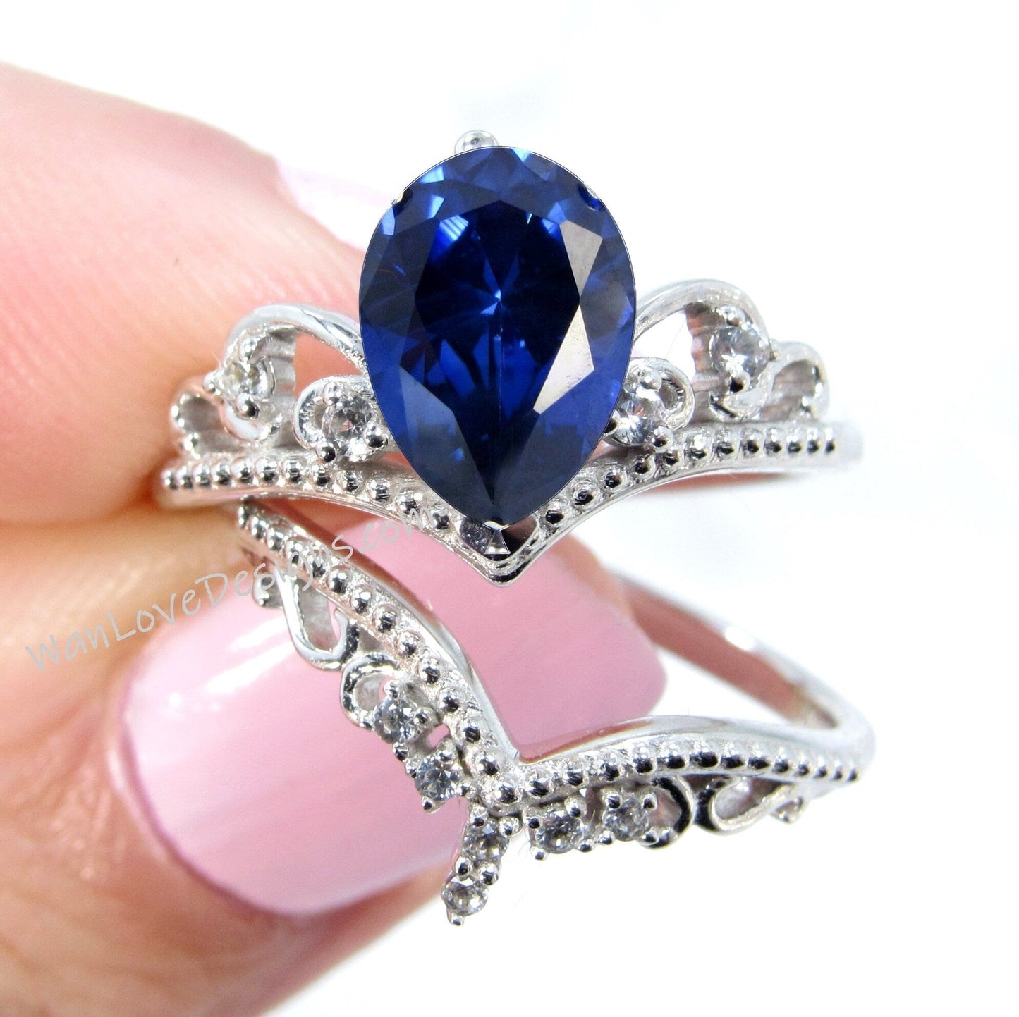 Blue Sapphire Engagement Ring, Vintage Crown Pear Blue Ring, Lab Sapphire Bridal Set, Wedding Set, 14K 18K Gold Platinum, Custom Wan Love Designs