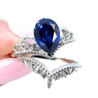 Blue Sapphire Engagement Ring, Vintage Crown Pear Blue Ring, Lab Sapphire Bridal Set, Wedding Set, 14K 18K Gold Platinum, Custom Wan Love Designs