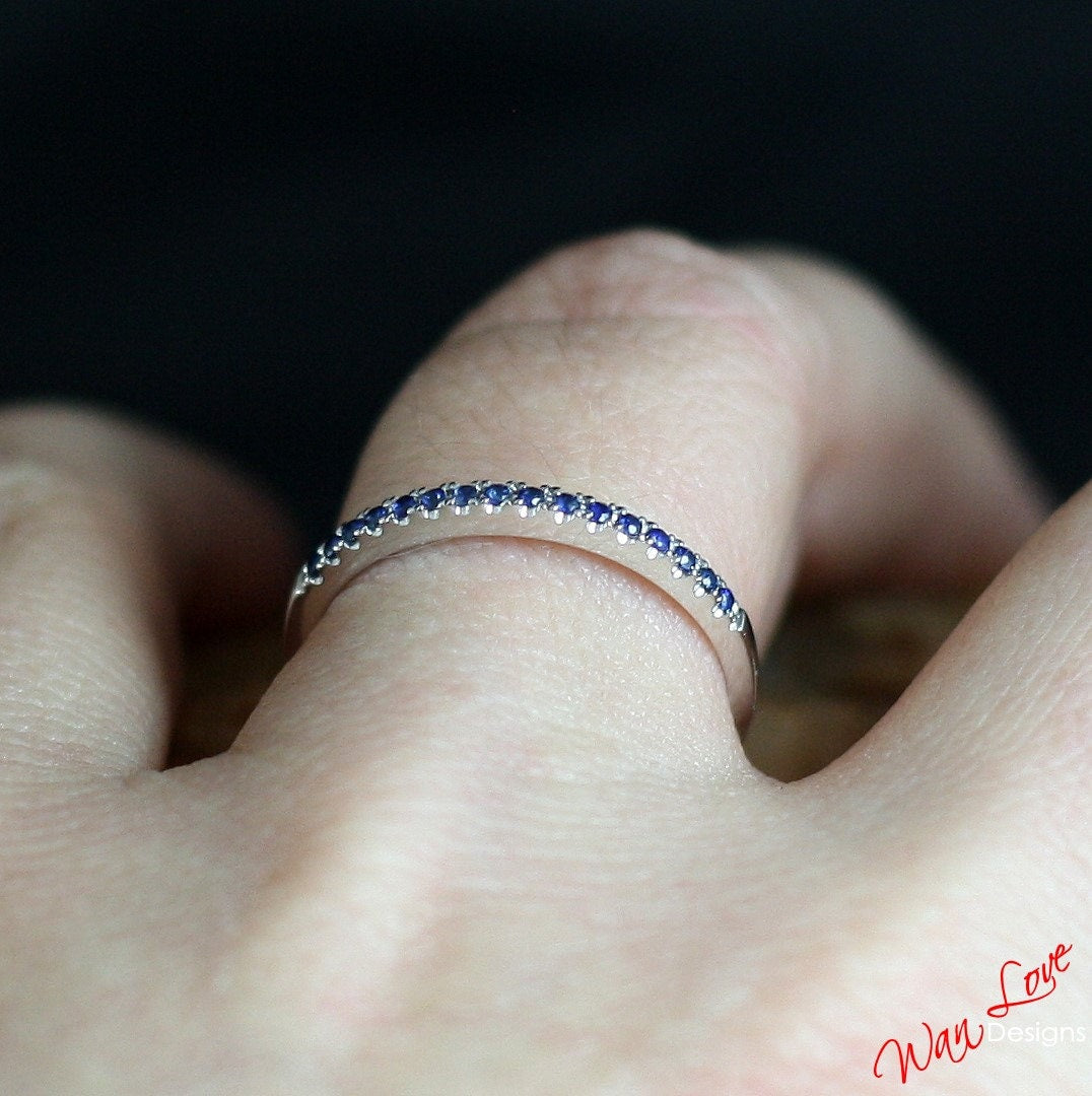 Blue Sapphire Half Eternity Stacking Wedding Band 1.85mm .22ct 14k 18k White Yellow Rose Gold Platinum Custom made Engagement Anniversary Wan Love Designs