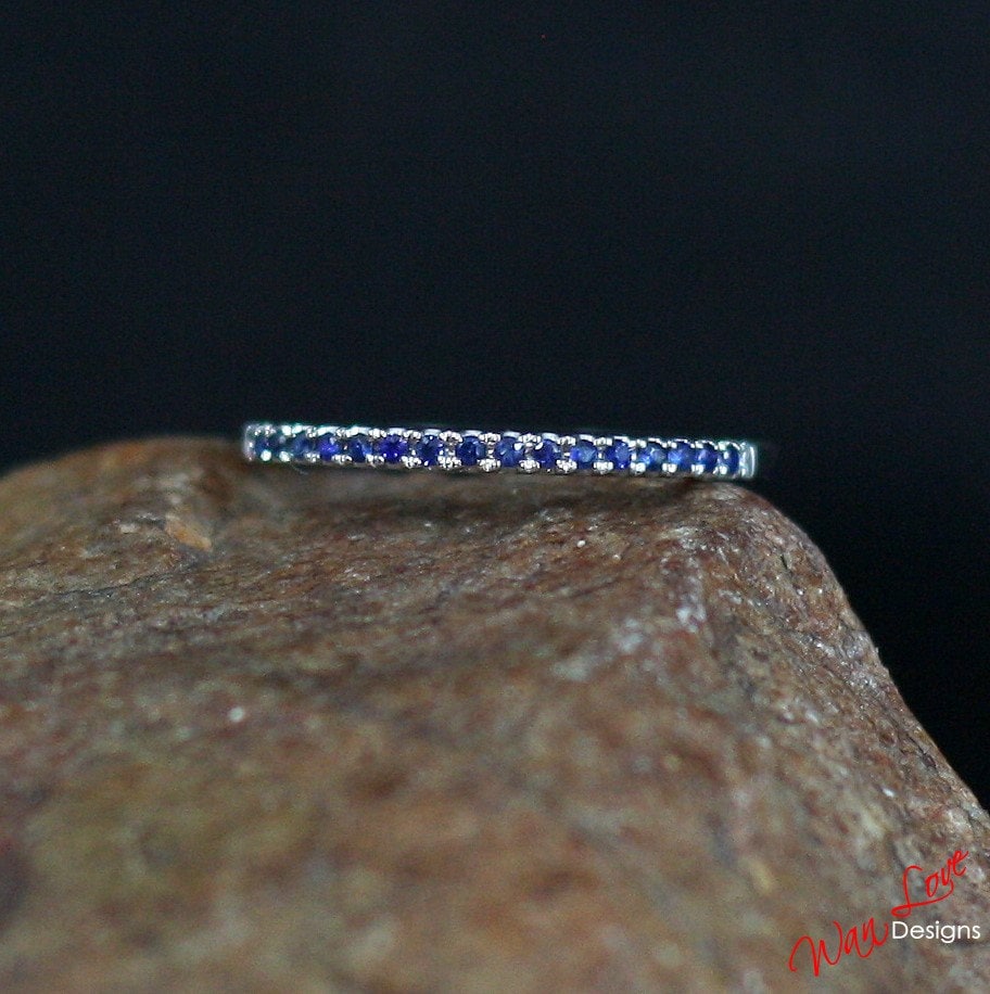 Blue Sapphire Half Eternity Stacking Wedding Band 1.85mm .22ct 14k 18k White Yellow Rose Gold Platinum Custom made Engagement Anniversary Wan Love Designs