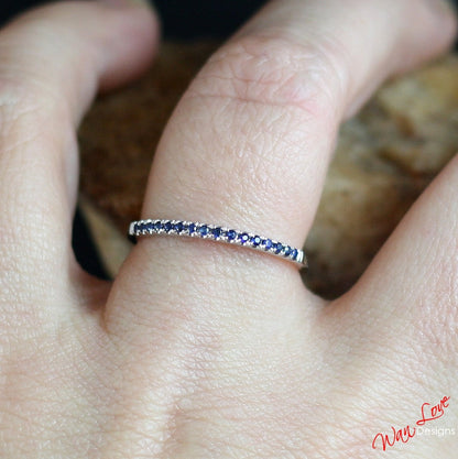 Blue Sapphire Half Eternity Stacking Wedding Band 1.85mm .22ct 14k 18k White Yellow Rose Gold Platinum Custom made Engagement Anniversary Wan Love Designs