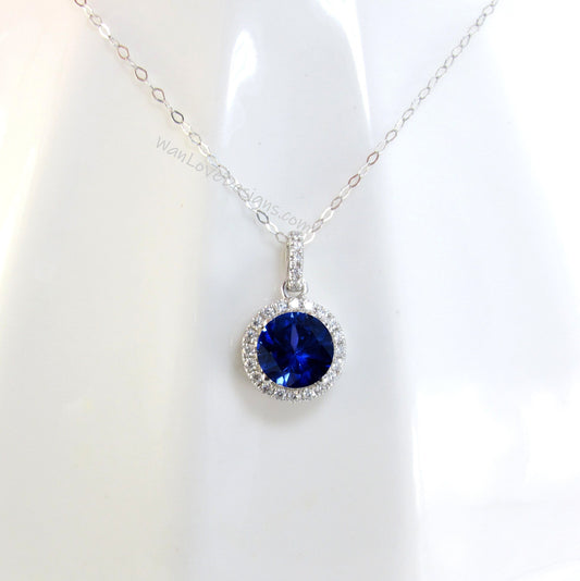 Blue Sapphire Halo Necklace, Round Diamond Halo Necklace, 1.5ct Round Moissanite Necklace, Birthstone Choice Necklace, Wedding Gift for her Wan Love Designs