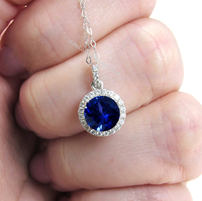 Blue Sapphire Halo Necklace, Round Diamond Halo Necklace, 1.5ct Round Moissanite Necklace, Birthstone Choice Necklace, Wedding Gift for her Wan Love Designs