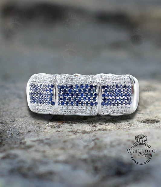 Blue Sapphire & Lab Diamond Bamboo Wedding Band, Mens, Mans Ring, CZ, Custom, Engagement, Anniversary Gift, Commitment, Ready to Ship Wan Love Designs