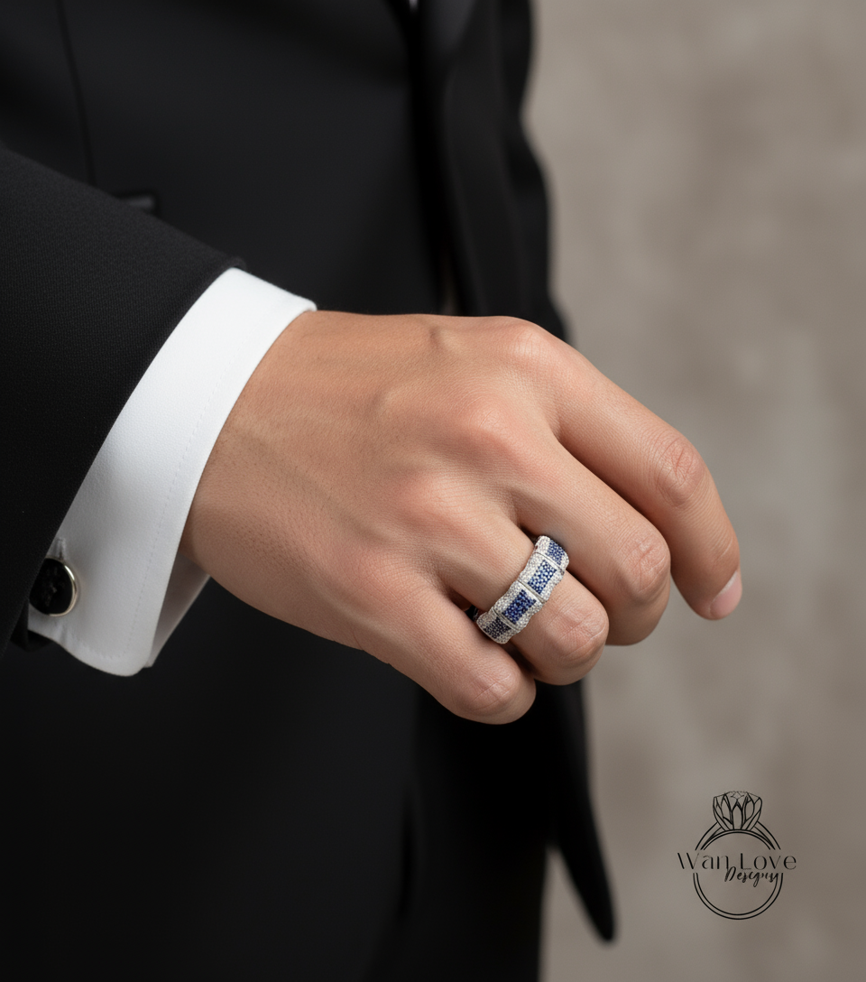 Blue Sapphire & Lab Diamond Bamboo Wedding Band, Mens, Mans Ring, CZ, Custom, Engagement, Anniversary Gift, Commitment, Ready to Ship