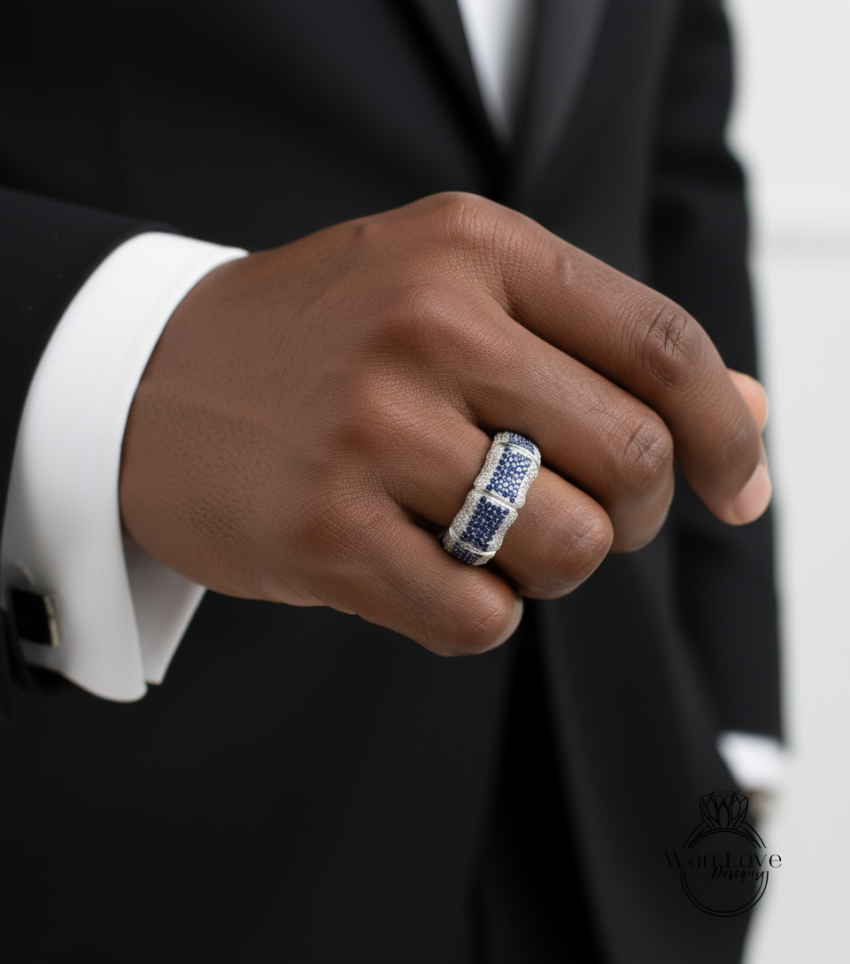 Blue Sapphire & Lab Diamond Bamboo Wedding Band, Mens, Mans Ring, CZ, Custom, Engagement, Anniversary Gift, Commitment, Ready to Ship