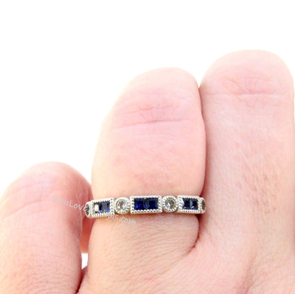 Blue Sapphire Milgrain band art deco Bezel Princess Baguette ring Round Half Eternity Wedding Band bridal promise Ring for her Ready to ship Wan Love Designs