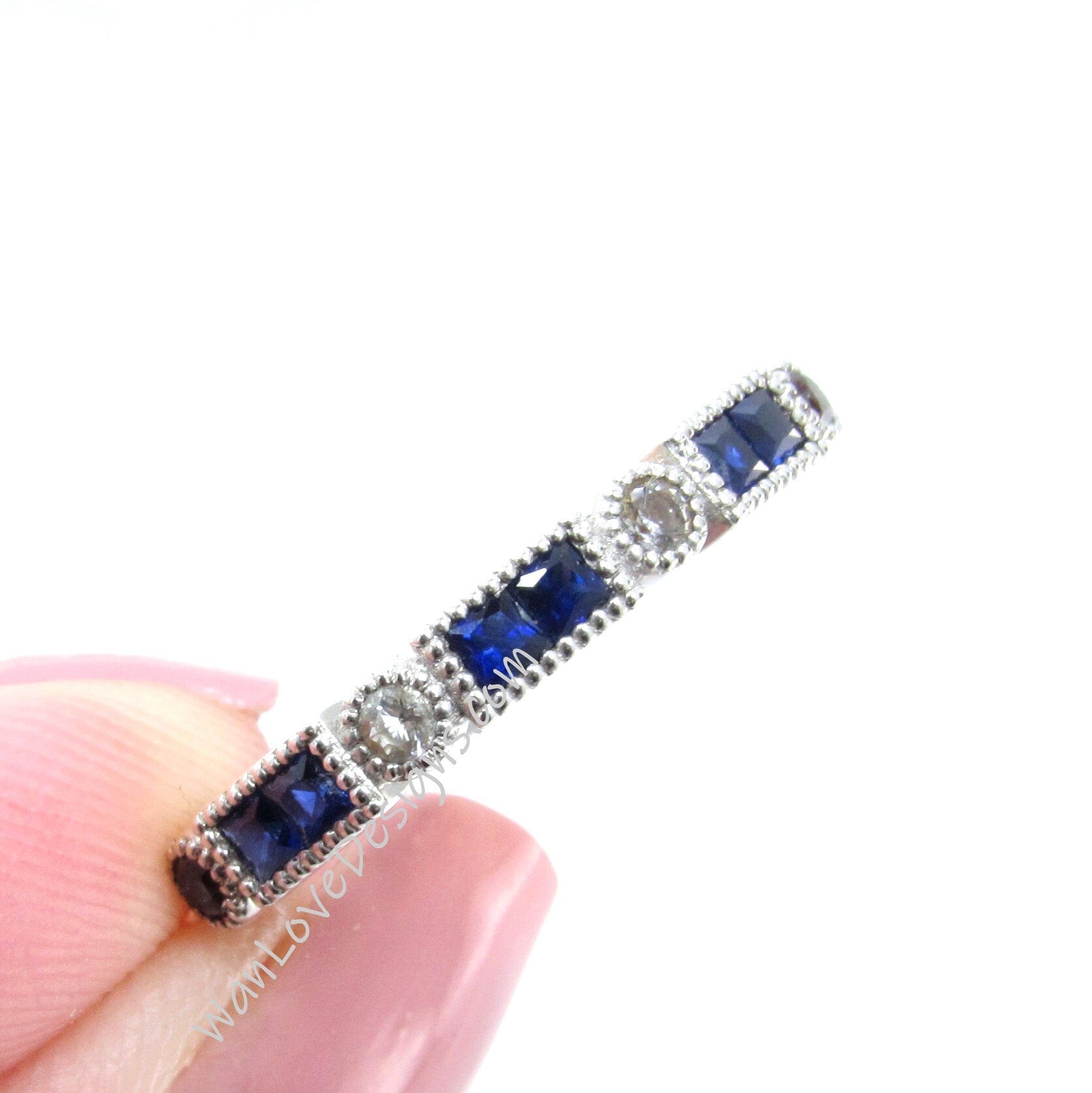 Blue Sapphire Milgrain band art deco Bezel Princess Baguette ring Round Half Eternity Wedding Band bridal promise Ring for her Ready to ship Wan Love Designs