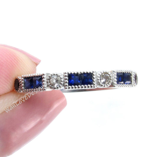 Blue Sapphire Milgrain band art deco Bezel Princess Baguette ring Round Half Eternity Wedding Band bridal promise Ring for her Ready to ship Wan Love Designs