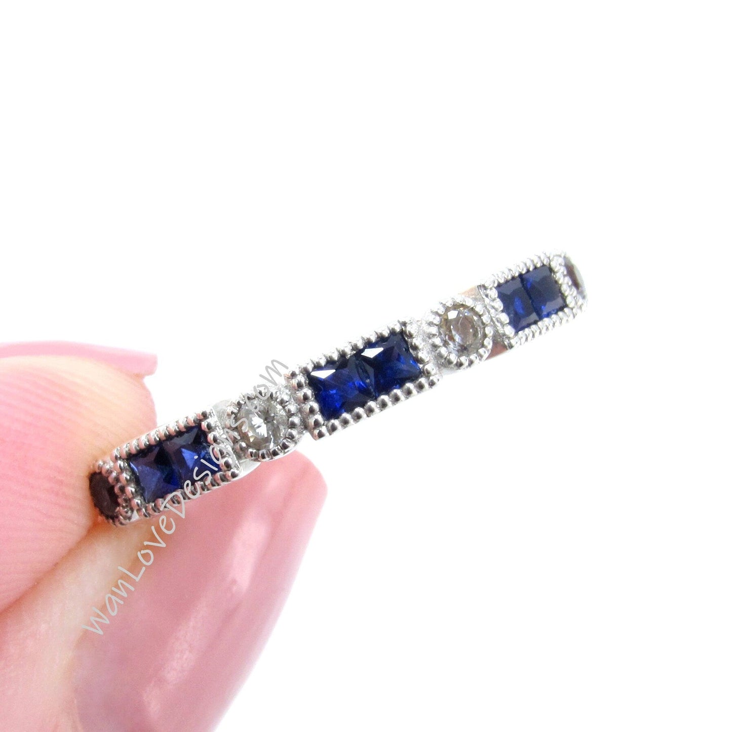 Blue Sapphire Milgrain band art deco Bezel Princess Baguette ring Round Half Eternity Wedding Band bridal promise Ring for her Ready to ship Wan Love Designs