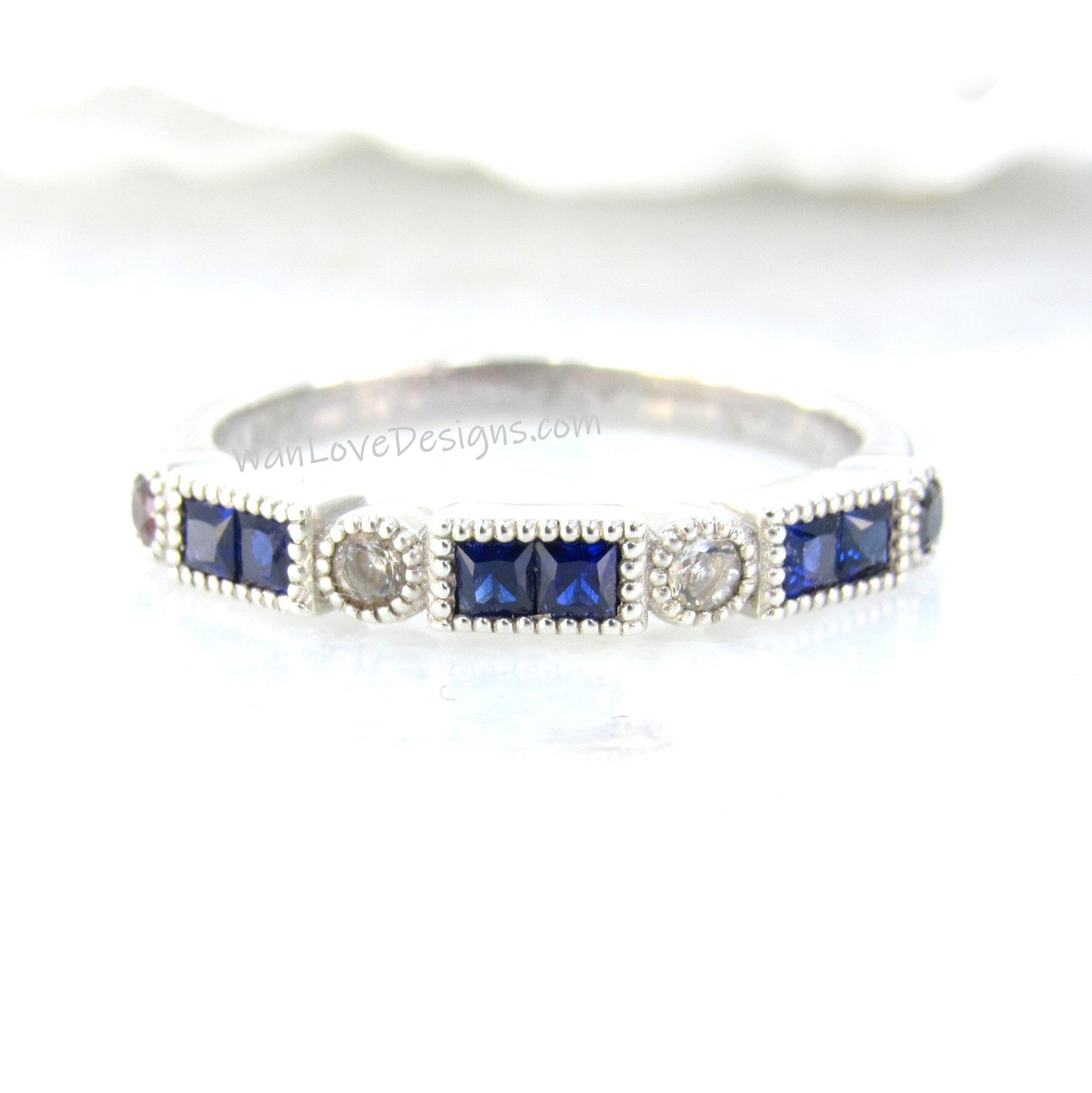 Blue Sapphire Milgrain band art deco Bezel Princess Baguette ring Round Half Eternity Wedding Band bridal promise Ring for her Ready to ship Wan Love Designs