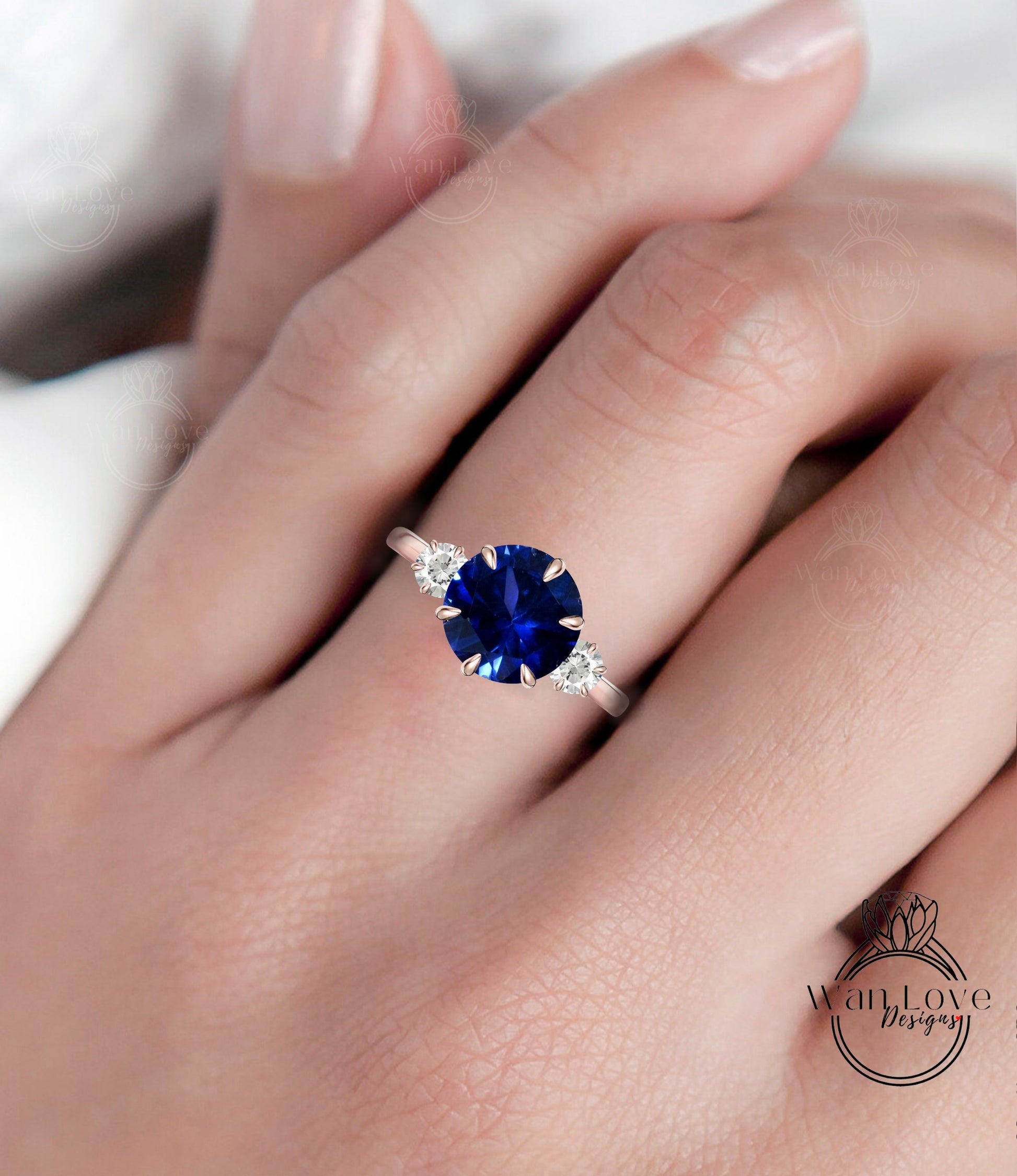 Blue Sapphire Moissanite 3 Stone Engagement Ring Round-2ct-8mm-3mm-14k 18k White Yellow Rose Gold Platinum-Custom-Anniversary Gift-Comitment Wan Love Designs