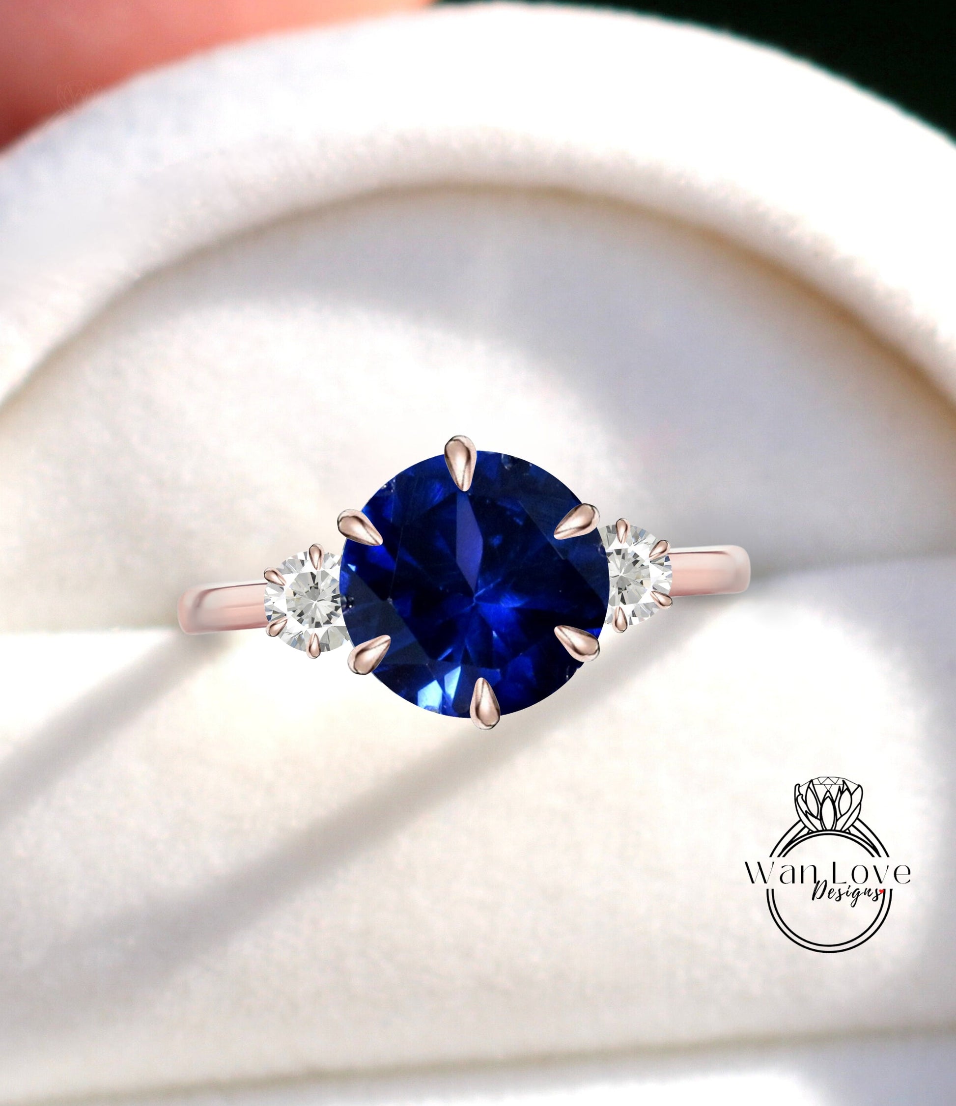 Blue Sapphire Moissanite 3 Stone Engagement Ring Round-2ct-8mm-3mm-14k 18k White Yellow Rose Gold Platinum-Custom-Anniversary Gift-Comitment Wan Love Designs