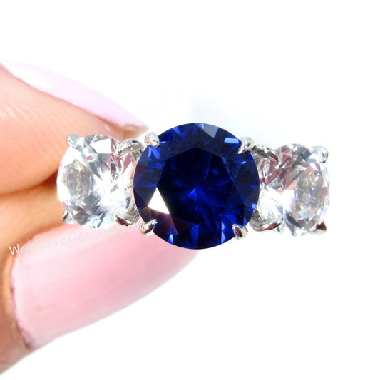 Blue Sapphire Moissanite 3 Stone Round Engagement Ring Custom-Wedding-Anniversary 14k 18k White Yellow Rose Gold-Platinum Wan Love Designs