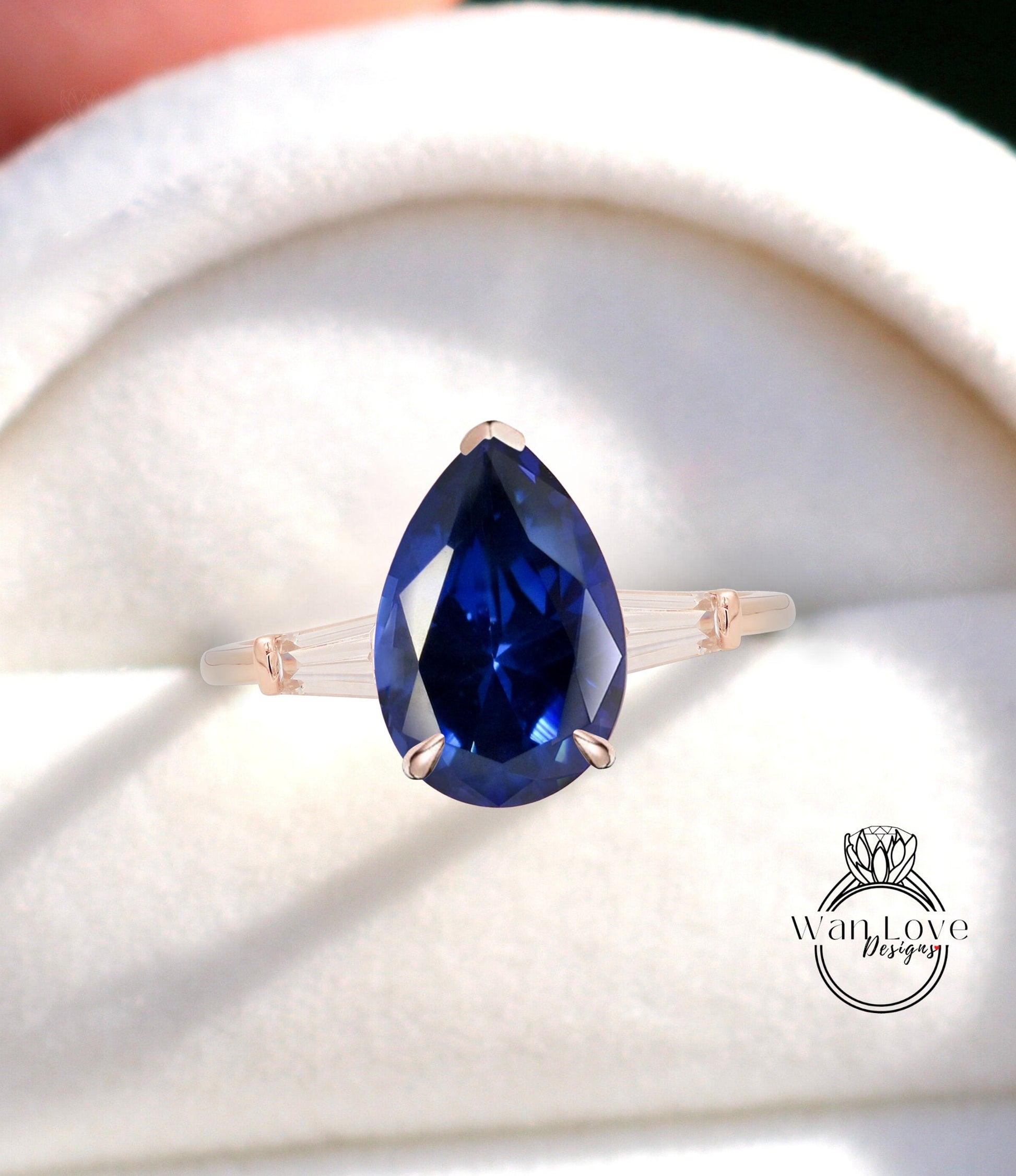 Blue Sapphire Moissanite Diamond Pear Tapered Baguette Engagement Ring 3 Gem Stone Vintage art deco, Custom-14k 18k Gold-Platinum-Wedding Wan Love Designs