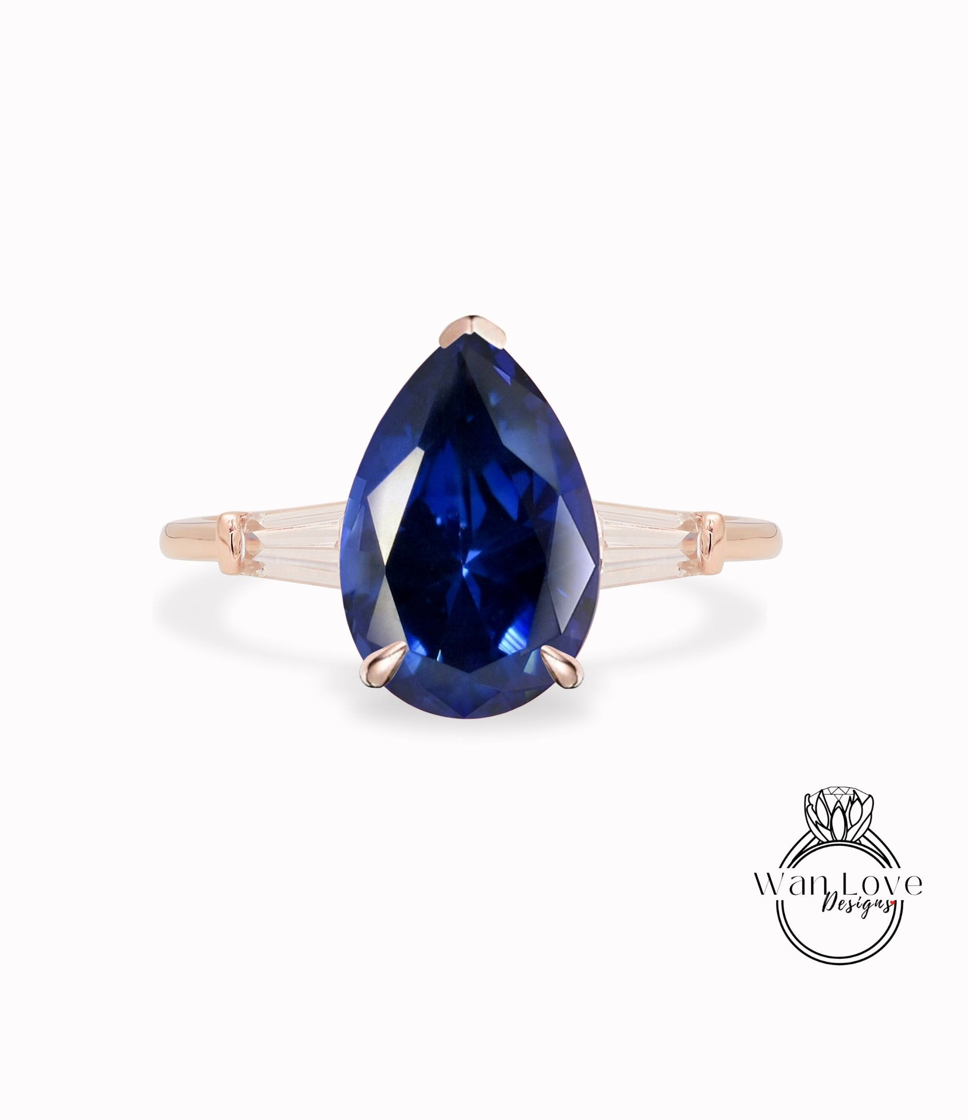 Blue Sapphire Moissanite Diamond Pear Tapered Baguette Engagement Ring 3 Gem Stone Vintage art deco, Custom-14k 18k Gold-Platinum-Wedding Wan Love Designs