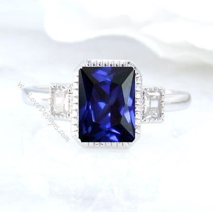 Blue Sapphire Moissanite Emerald Baguette Bezel Engagement Ring 3 Gem stone Custom,14k 18k White Yellow Rose Gold,Anniversary Gift Wan Love Designs