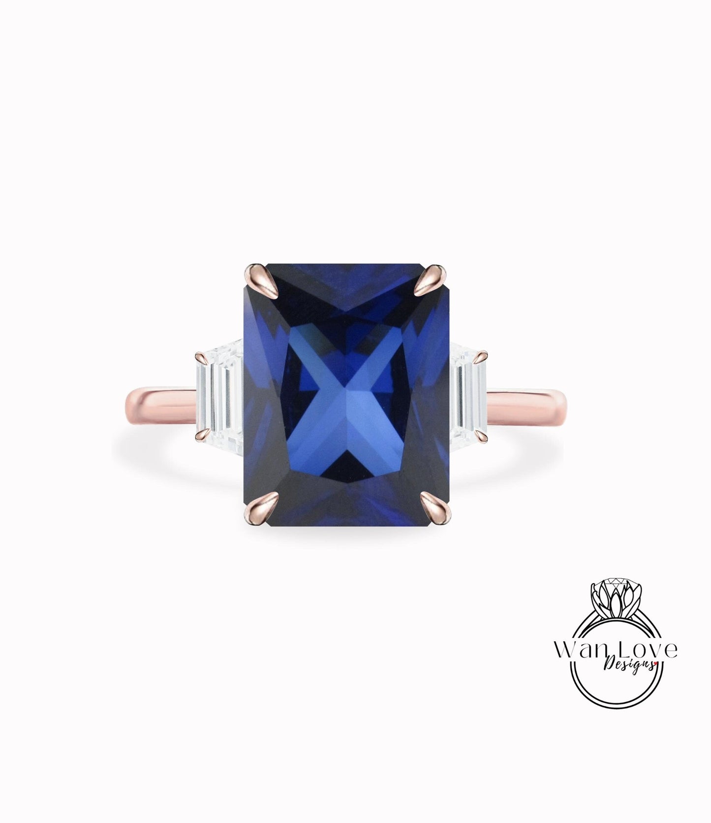 Blue Sapphire Moissanite Engagement Ring Emerald cut 14K/18K rose gold ring vintage trapezoid art deco ring wedding Bridal Anniversary gift Wan Love Designs