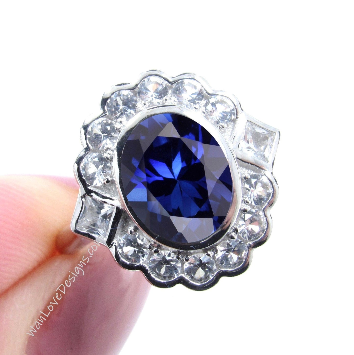 Blue Sapphire & Moissanite Oval Semi Bezel Cluster Princess Round Halo Engagement Ring Custom Wedding Jewelry Wan Love Designs