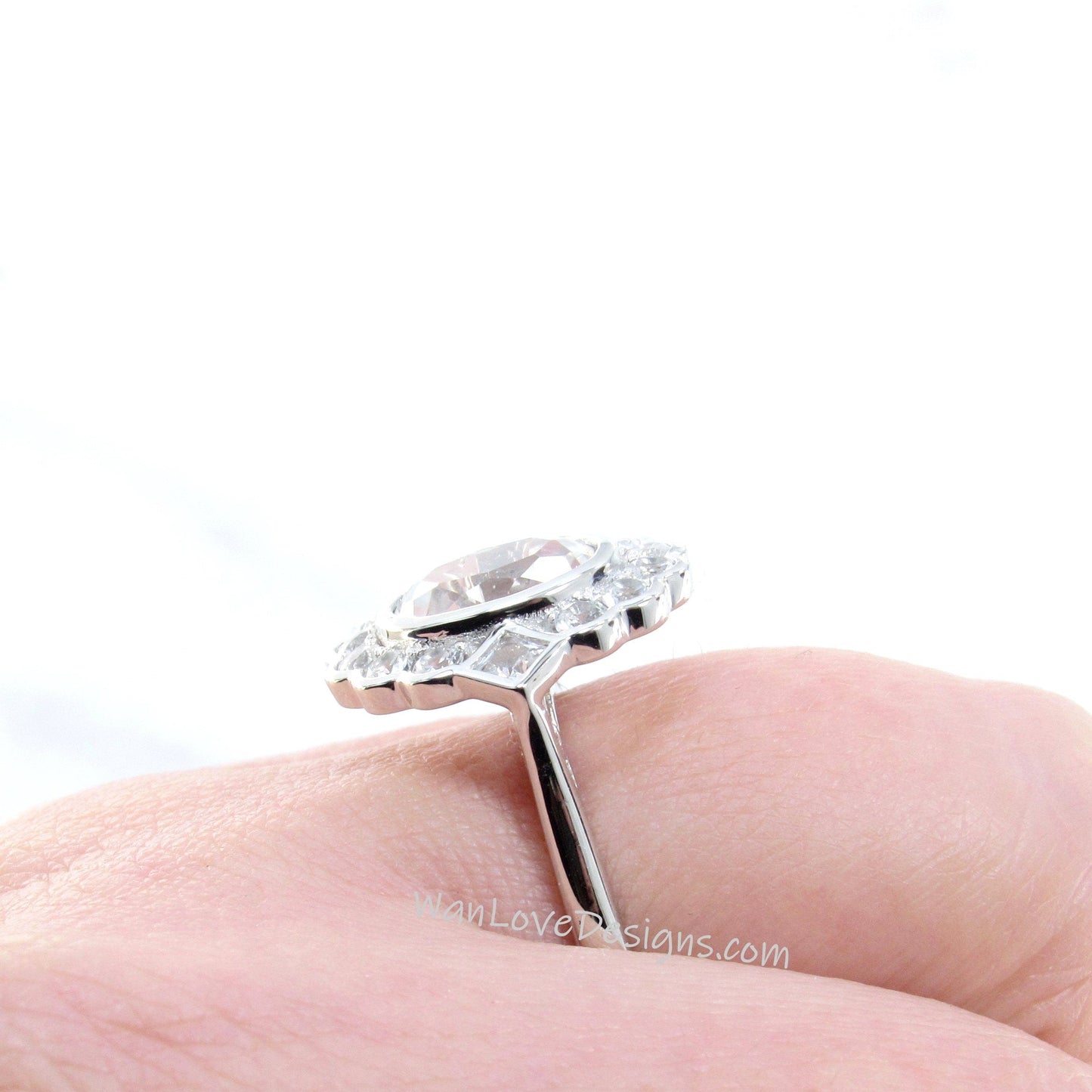 Blue Sapphire & Moissanite Oval Semi Bezel Cluster Princess Round Halo Engagement Ring Custom Wedding Jewelry Wan Love Designs
