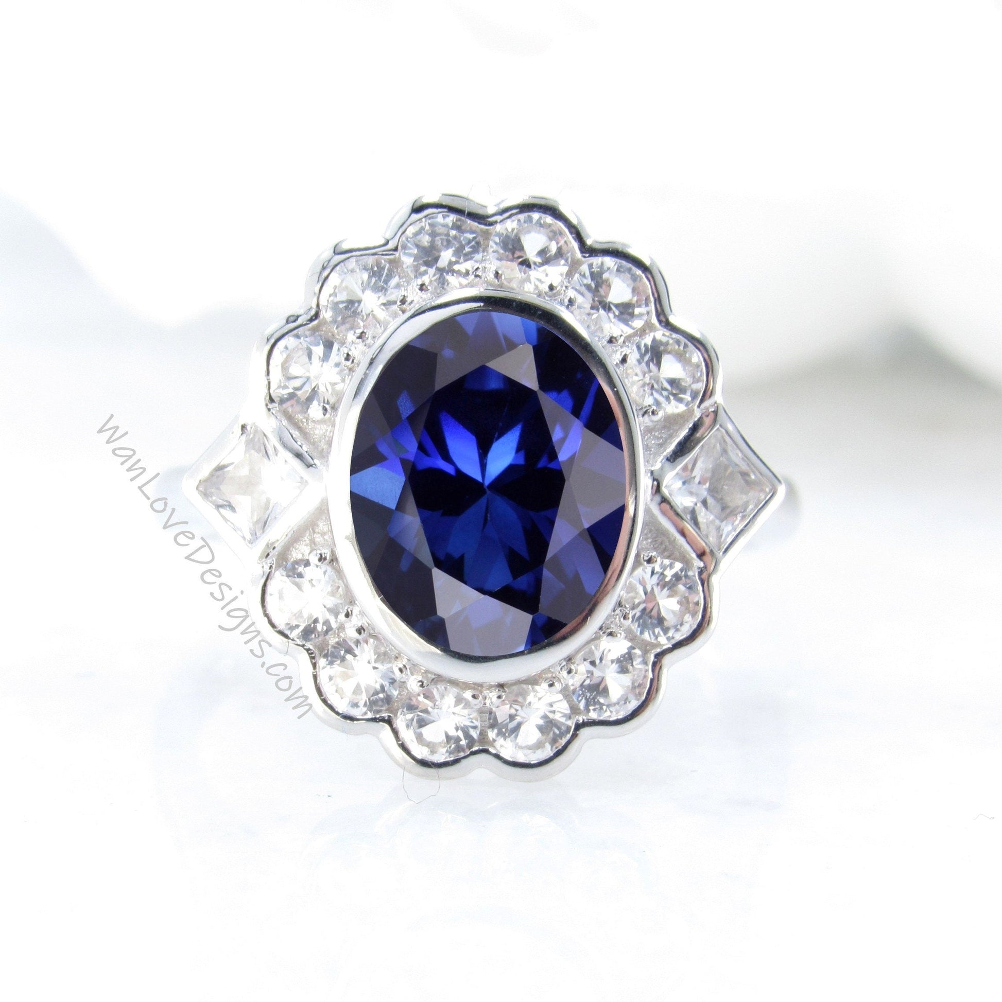 Blue Sapphire & Moissanite Oval Semi Bezel Cluster Princess Round Halo Engagement Ring Custom Wedding Jewelry Wan Love Designs