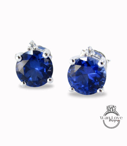 Blue Sapphire & Moissanite Round stud Earring Screw Push Back 4 Prong, 1ct each ,2cttw, Custom, White Gold, Aniversary Gift, Ready to Ship Wan Love Designs
