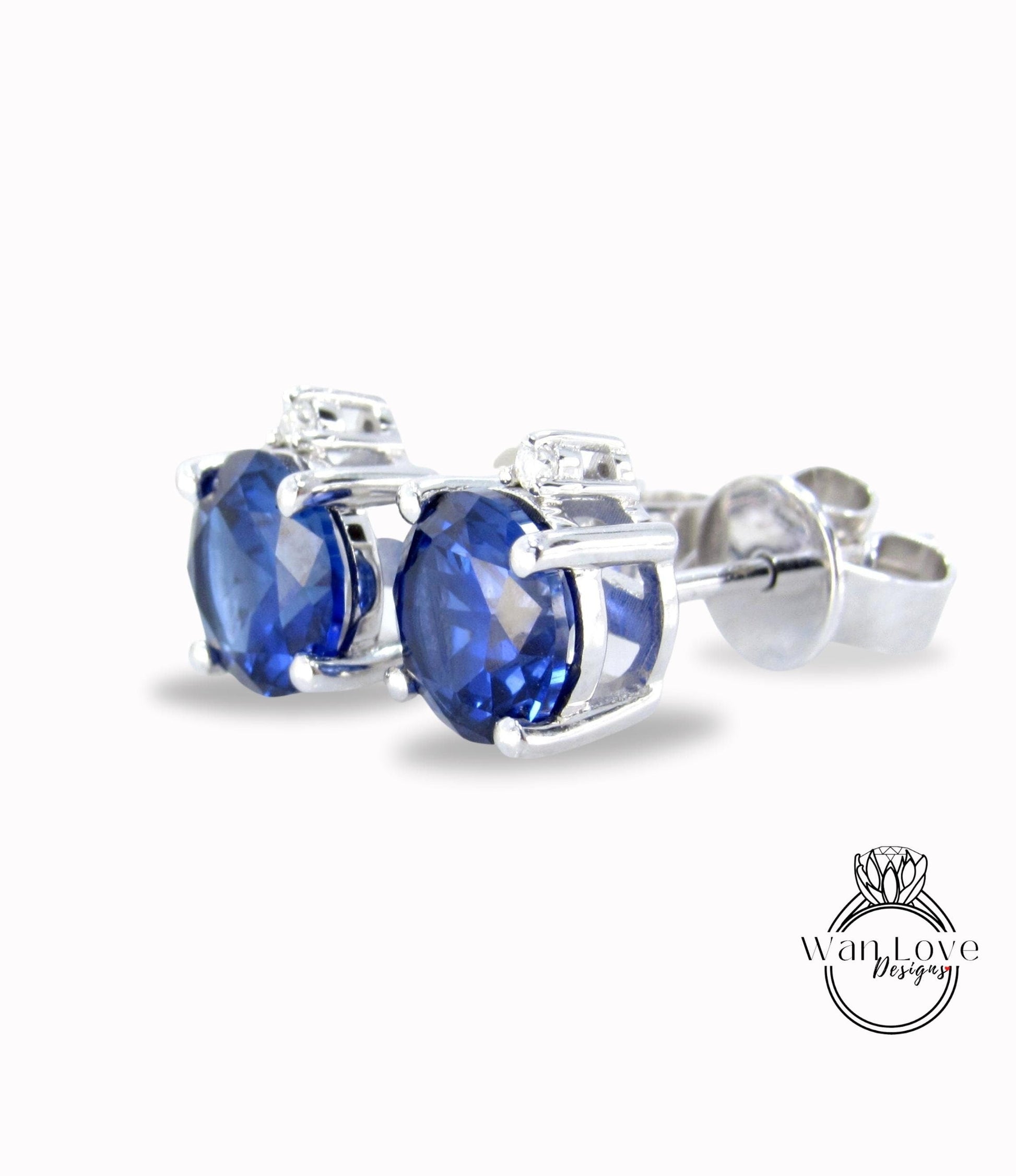 Blue Sapphire & Moissanite Round stud Earring Screw Push Back 4 Prong, 1ct each ,2cttw, Custom, White Gold, Aniversary Gift, Ready to Ship Wan Love Designs