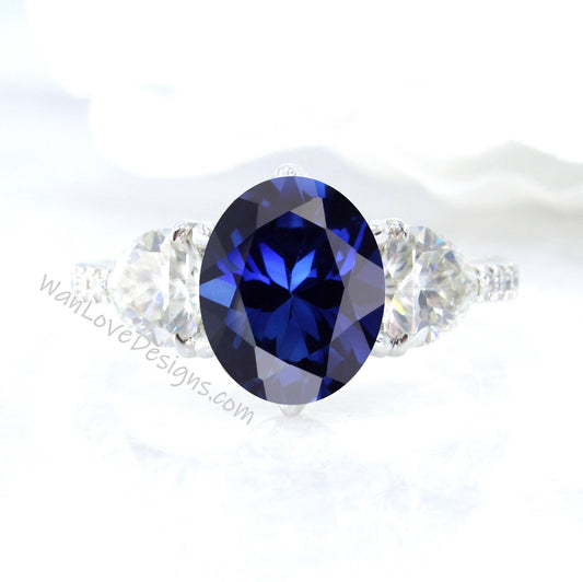 Blue Sapphire Oval Trillion Moissanite Engagement Ring, 3 Gemstone, 4ct-10x8mm-Custom-14k 18k White Rose Yellow Gold,Wedding-Anniversary Wan Love Designs