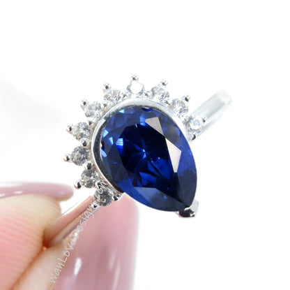 Blue Sapphire Pear Cut Ring, Semi Bezel Ring, Half Halo Diamonds ring, Sapphire Engagement Ring, Pear Halo Ring, September Birthstone Wan Love Designs