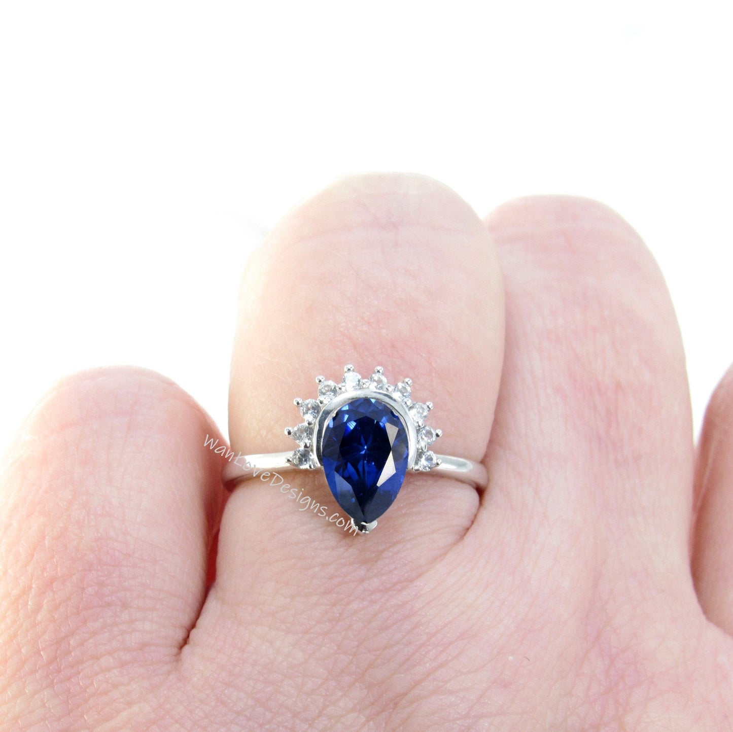 Blue Sapphire Pear Cut Ring, Semi Bezel Ring, Half Halo Diamonds ring, Sapphire Engagement Ring, Pear Halo Ring, September Birthstone Wan Love Designs