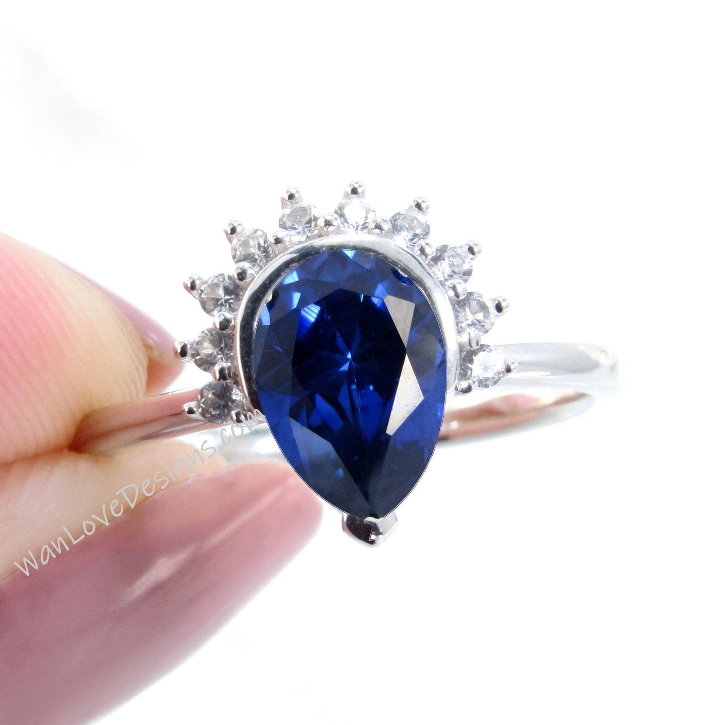 Blue Sapphire Pear Cut Ring, Semi Bezel Ring, Half Halo Diamonds ring, Sapphire Engagement Ring, Pear Halo Ring, September Birthstone Wan Love Designs