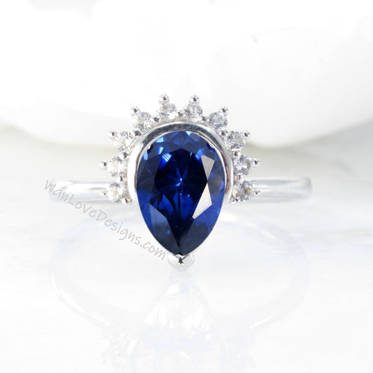 Blue Sapphire Pear Cut Ring, Semi Bezel Ring, Half Halo Diamonds ring, Sapphire Engagement Ring, Pear Halo Ring, September Birthstone Wan Love Designs