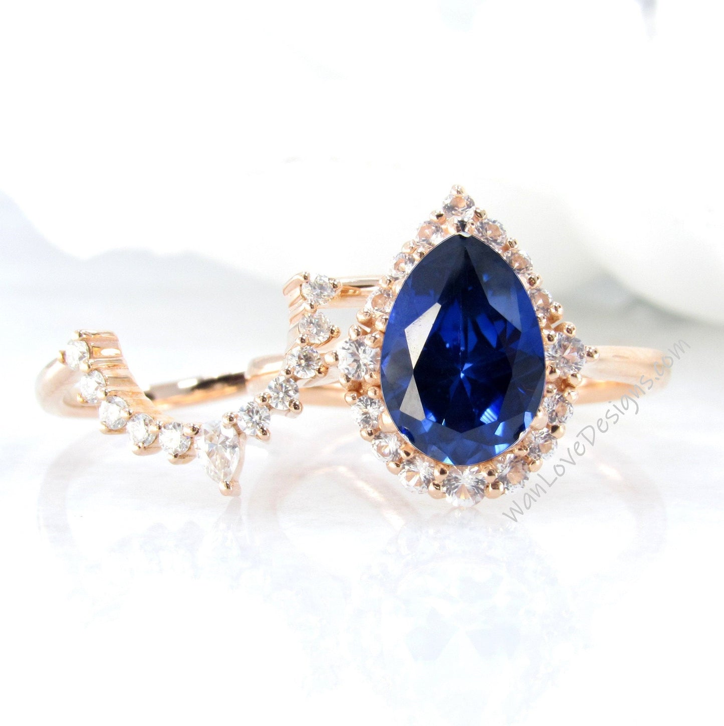 Blue Sapphire Pear engagement ring set Graduated Cluster halo rose gold engagement ring women curved tiara Diamond wedding Bridal Band Gift Wan Love Designs