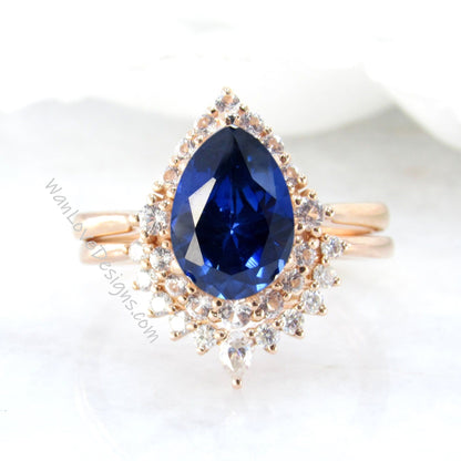 Blue Sapphire Pear engagement ring set Graduated Cluster halo rose gold engagement ring women curved tiara Diamond wedding Bridal Band Gift Wan Love Designs