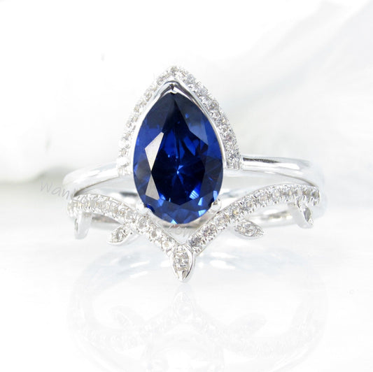 Blue Sapphire Pear engagement ring set art deco semi bezel half halo white gold engagement ring women leaf curve Diamond wedding Bridal Band Wan Love Designs