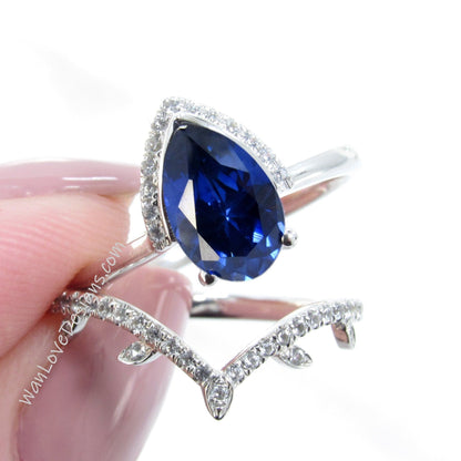 Blue Sapphire Pear engagement ring set art deco semi bezel half halo white gold engagement ring women leaf curve Diamond wedding Bridal Band Wan Love Designs