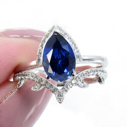 Blue Sapphire Pear engagement ring set art deco semi bezel half halo white gold engagement ring women leaf curve Diamond wedding Bridal Band Wan Love Designs