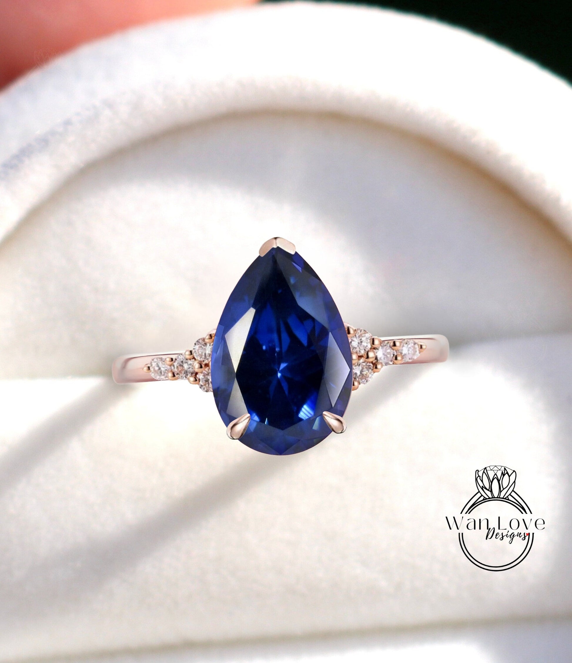 Blue Sapphire Pear engagement ring vintage unique Cluster rose gold engagement ring women Round diamond wedding Bridal art deco Anniversary Wan Love Designs