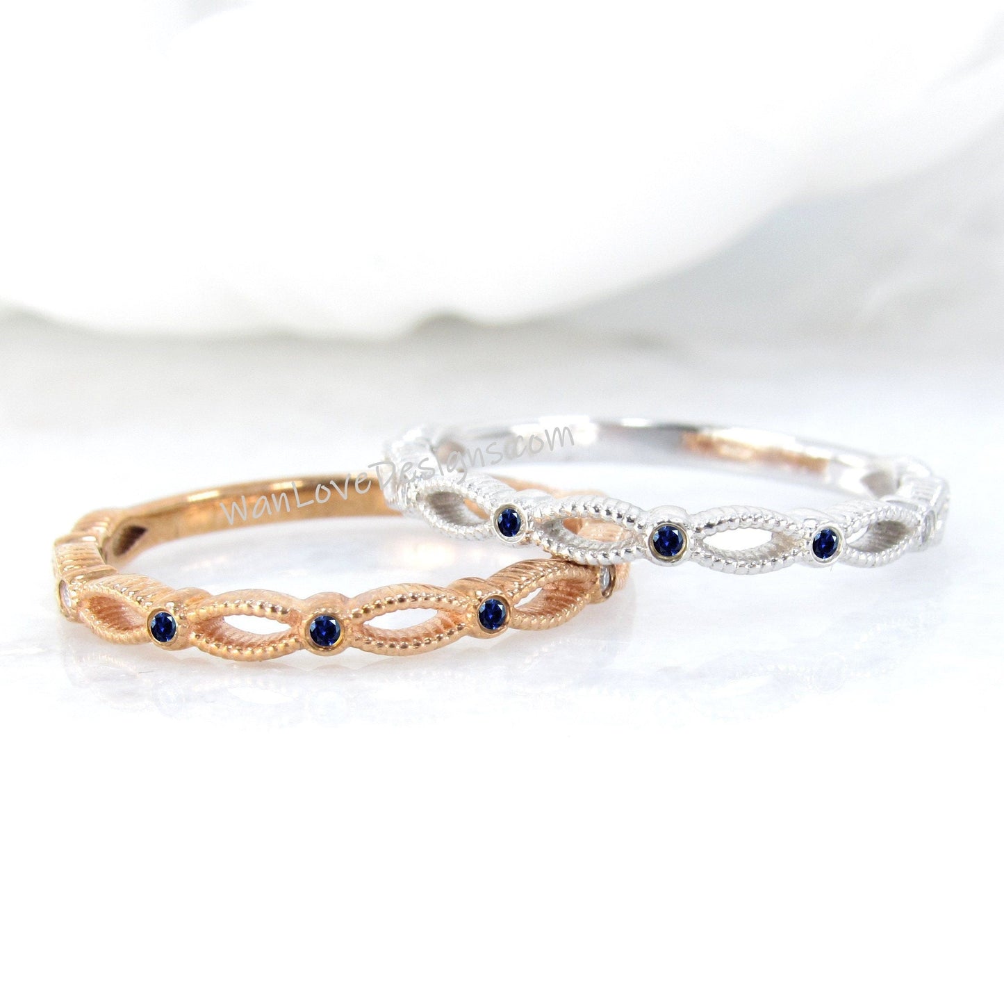 Blue Sapphire Rope Twist Stack Rings/ Thin Diamond Textured Bands/ 18K Rose Gold Bridal Rings/ Twisted Women Rings/ Minimalist Ring For Her Wan Love Designs