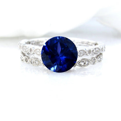 Blue Sapphire Round Diamonds WITH Milgrain Wedding Set Rings Rings, 14kt Solid Rose Gold, WanLoveDesigns Wan Love Designs